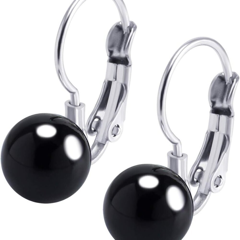 Women’s Stainless Steel Bead Drop Earrings Silver Black Onyx 8mm Secure Leverbac